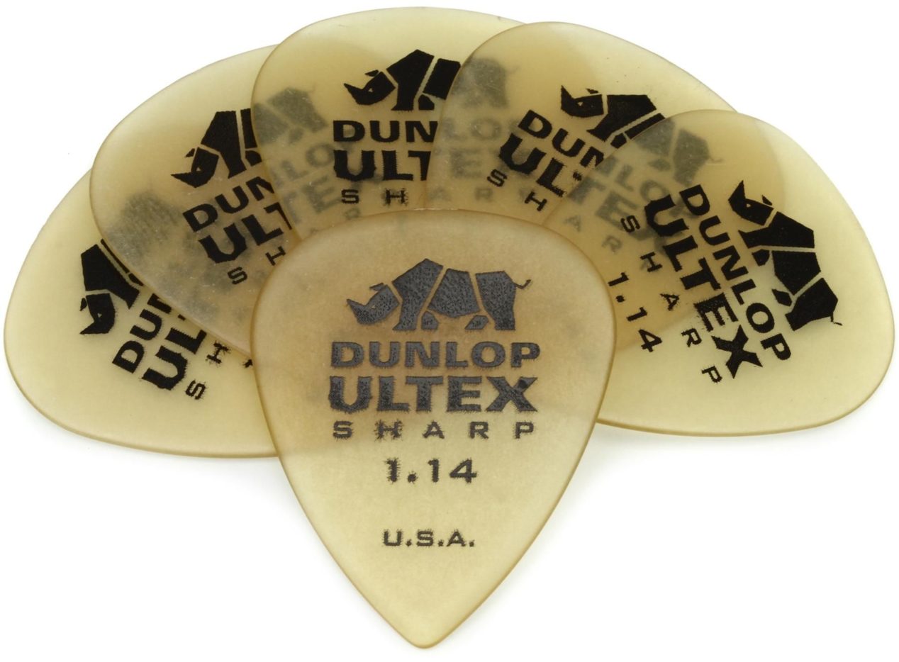 Photo of multiple Dunlop Ultex picks against a white background.